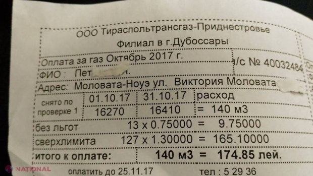 INFIM // Cât costă gazele în Transnistria. Un locuitor din Molovata Nouă prezintă factura: „Dați foc la MoldovaGaz”