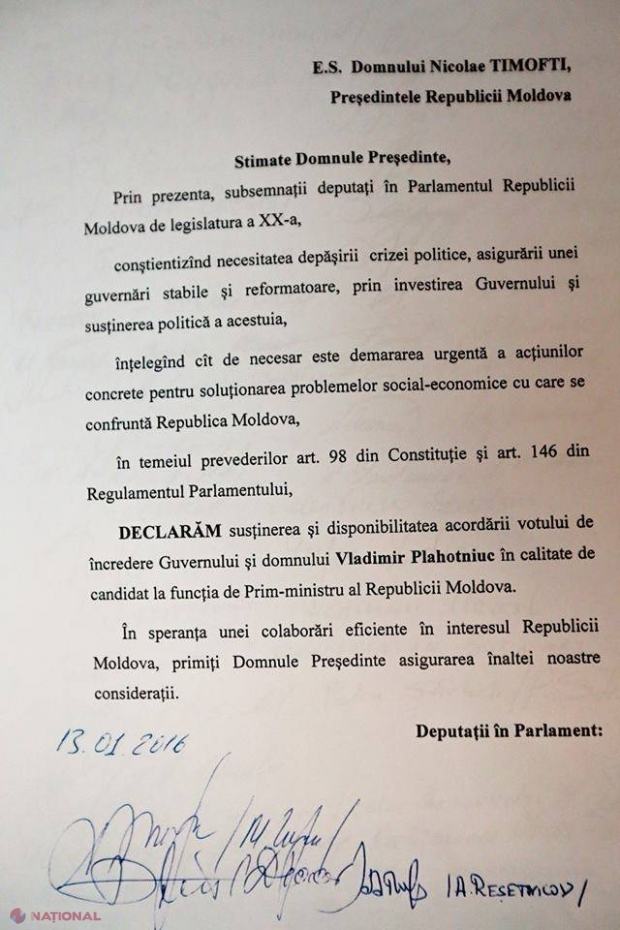 DOC // Cine este deputatul din coaliția majoritară care NU a semnat pentru candidatul Vlad Plahotniuc la funcţia de premier 