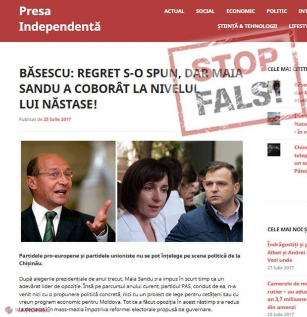 Fals: Traian Băsescu a declarat că Maia Sandu „a coborât la nivelul” lui Andrei Năstase