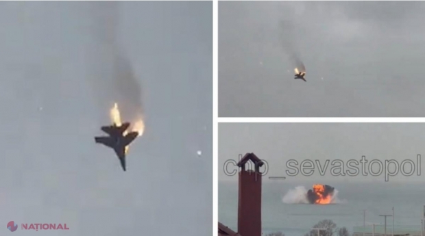 VIDEO // Momentul în care un SU-27 rusesc e DOBORÂT şi se prăbuşeşte, în flăcări, în Marea Neagră. Ruşii spun că nu ştiu ce a provocat catastrofa aviatică 
