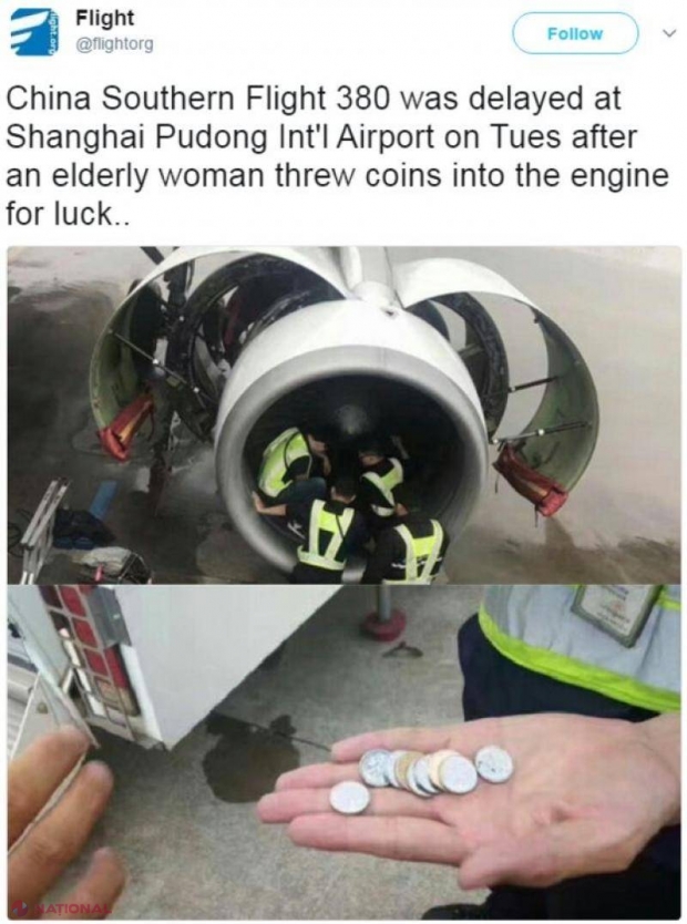 O bătrână a aruncat bani pe geamul unui avion în zbor: O monedă a ajuns la motor