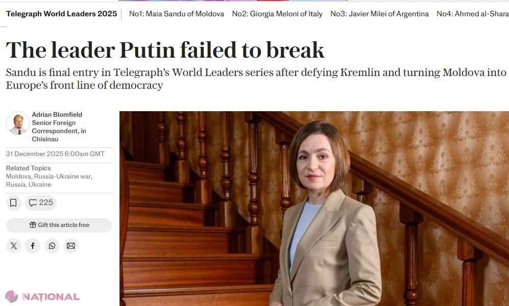 Maia Sandu, simbol al rezistenței democratice în fața presiunilor Kremlinului, onorată de The Telegraph ca Liderul Mondial al Anului