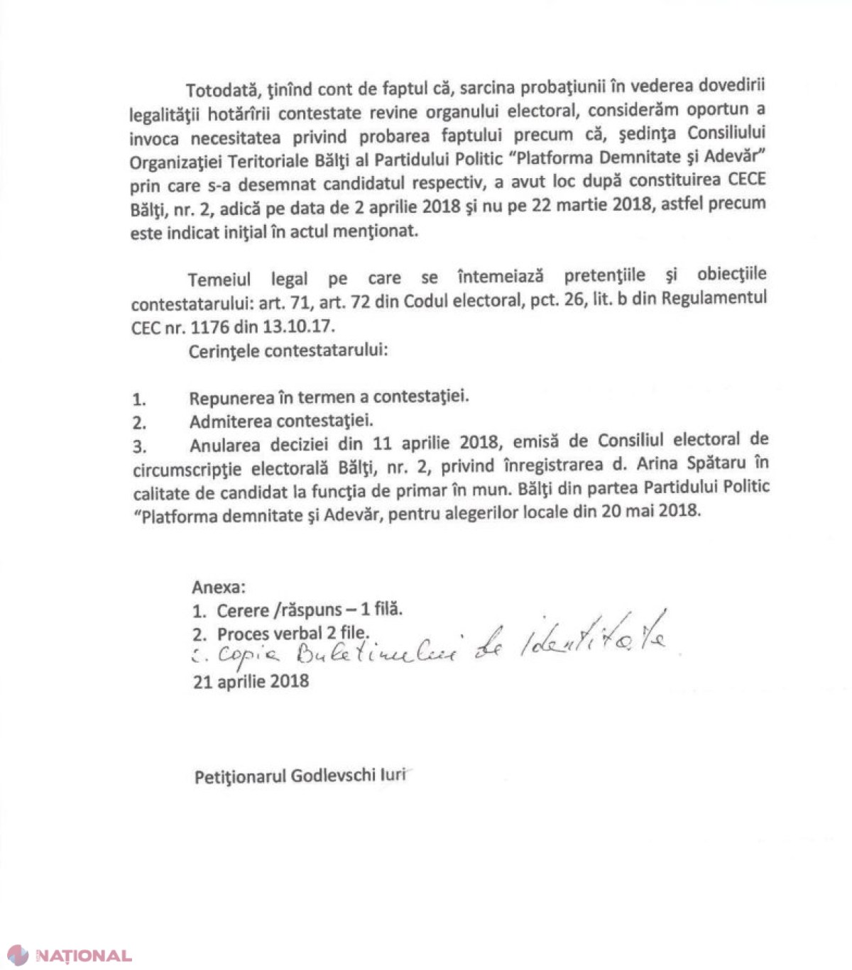 DOC // Un cetățean cere EXCLUDEREA din cursa electorală a unui candidat la funcția de primar de Bălți. „Se încalcă dreptul meu de alegător”