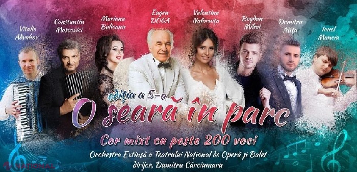 Concert simfonic „O seară în parc”: Eugen Doga, Valentina Naforniță, un cor mixt cu 200 de voci, sâmbătă, la Teatrul Verde
