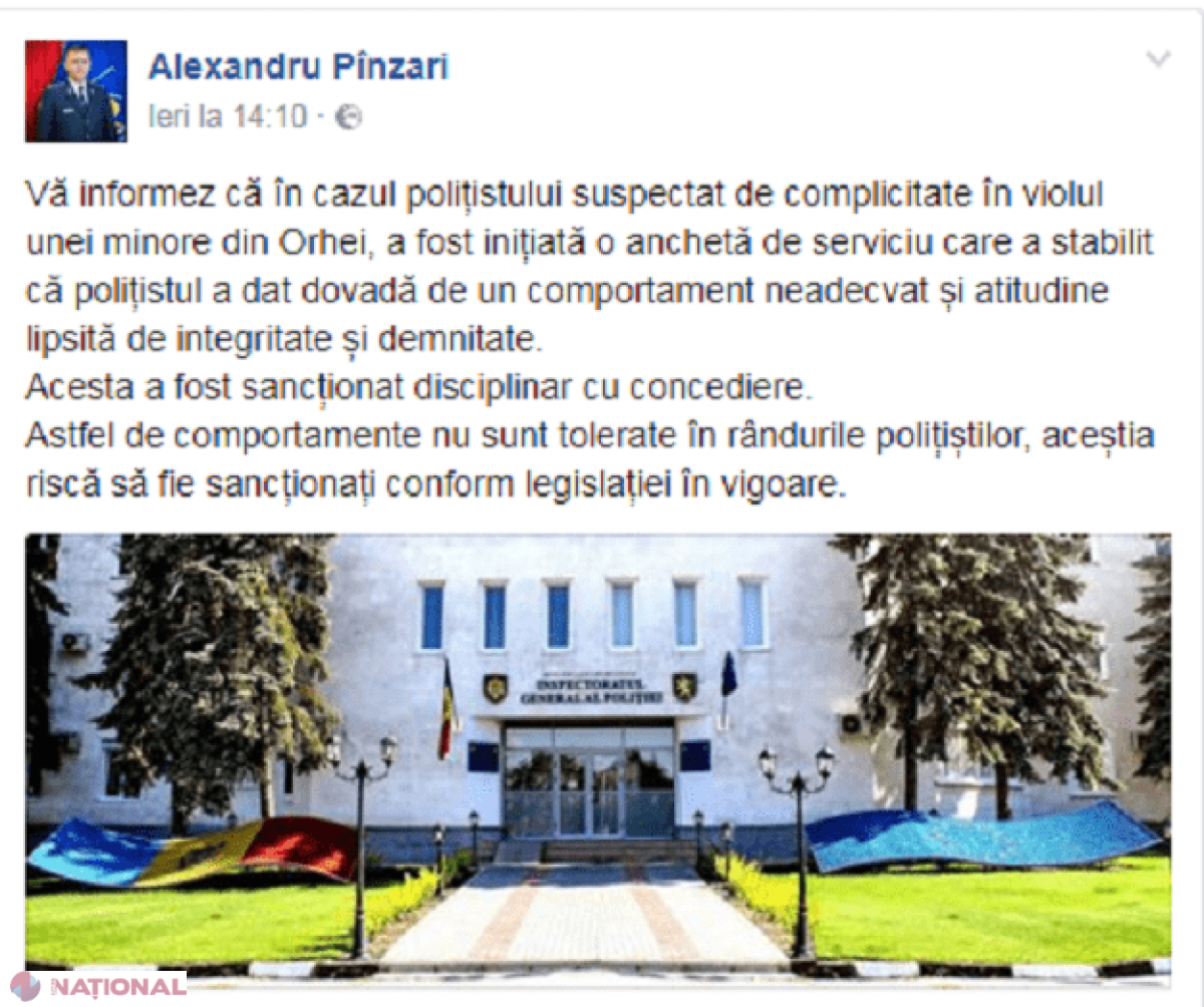 Polițistul din Orhei, acuzat de VIOLAREA unei minore în biroul de serviciu, a fost CONCEDIAT