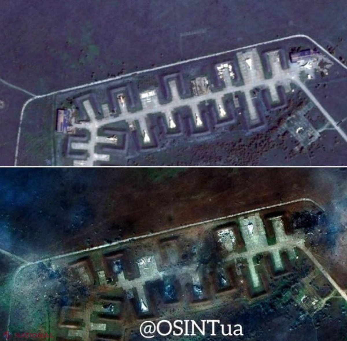 FOTO // Imaginile din satelit arată DISTRUGERI masive la baza aeriană rusă din Crimeea: Cel puțin nouă aeronave militare ruse, făcute scrum