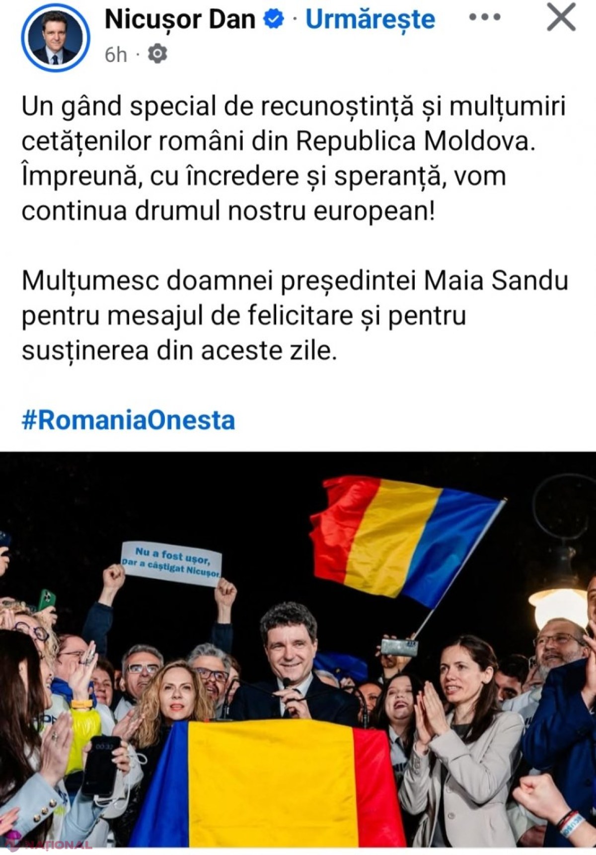 Nicușor Dan, noul președinte ales al României, mesaj special, „de recunoștință”, adresat românilor din R. Moldova și Maiei Sandu: „Vom continua împreună drumul nostru european!”