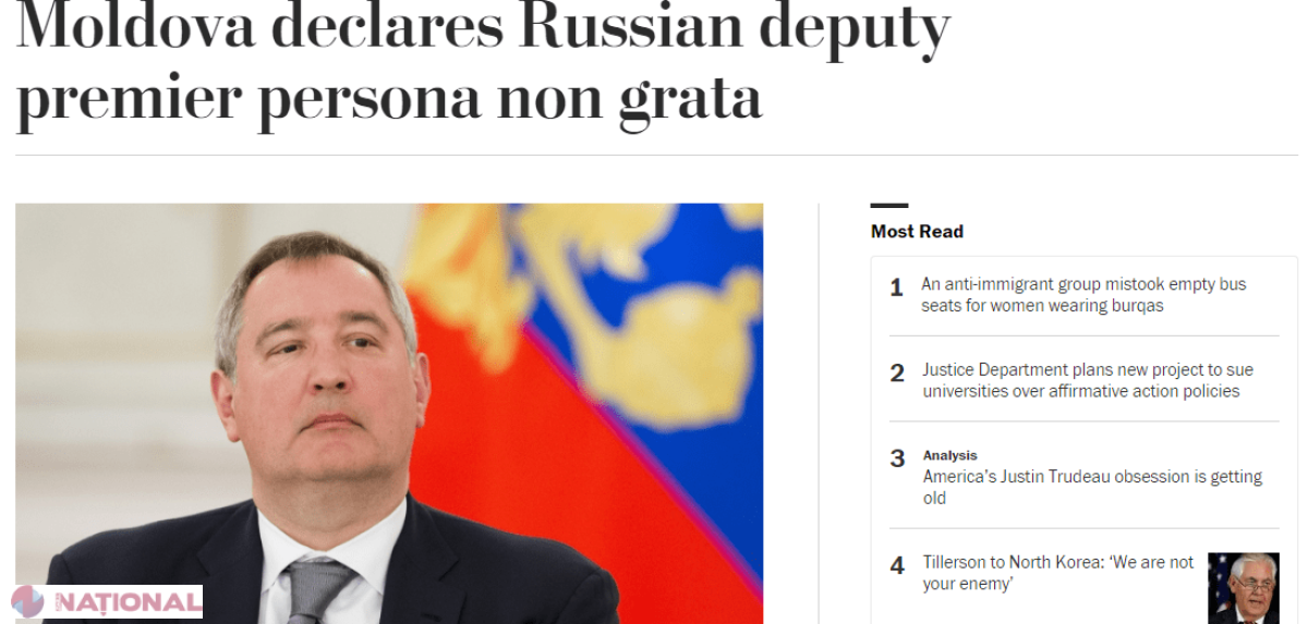 THE WASHINGTON POST scrie despre faptul că Rogozin a fost declarat persona non grata în Moldova: „Este un semnal POZITIV”