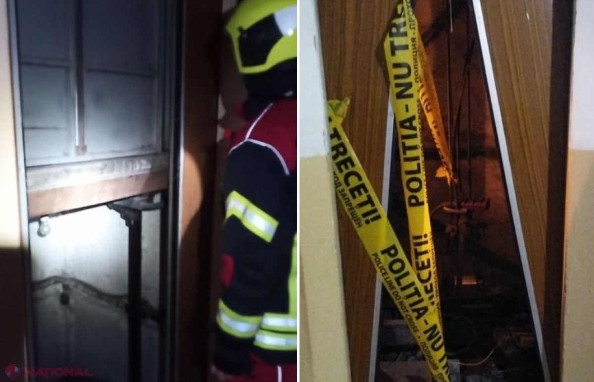 FOTO // Ascensor vechi, căzut în gol într-o clădire de pe bulevardul Moscova din Chișinău. Patru persoane, care se aflau în interior, au trăit clipe de groază