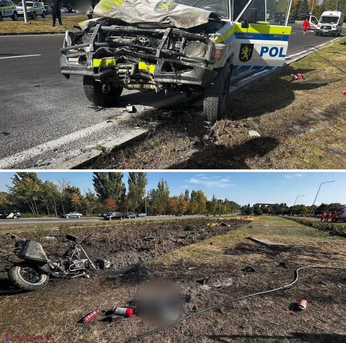 Accident teribil în Chișinău: O mașină a Poliției, impact FATAL cu o motocicletă pe bd. Dacia. Șoferul motocicletei și pasagerul său au decedat pe loc