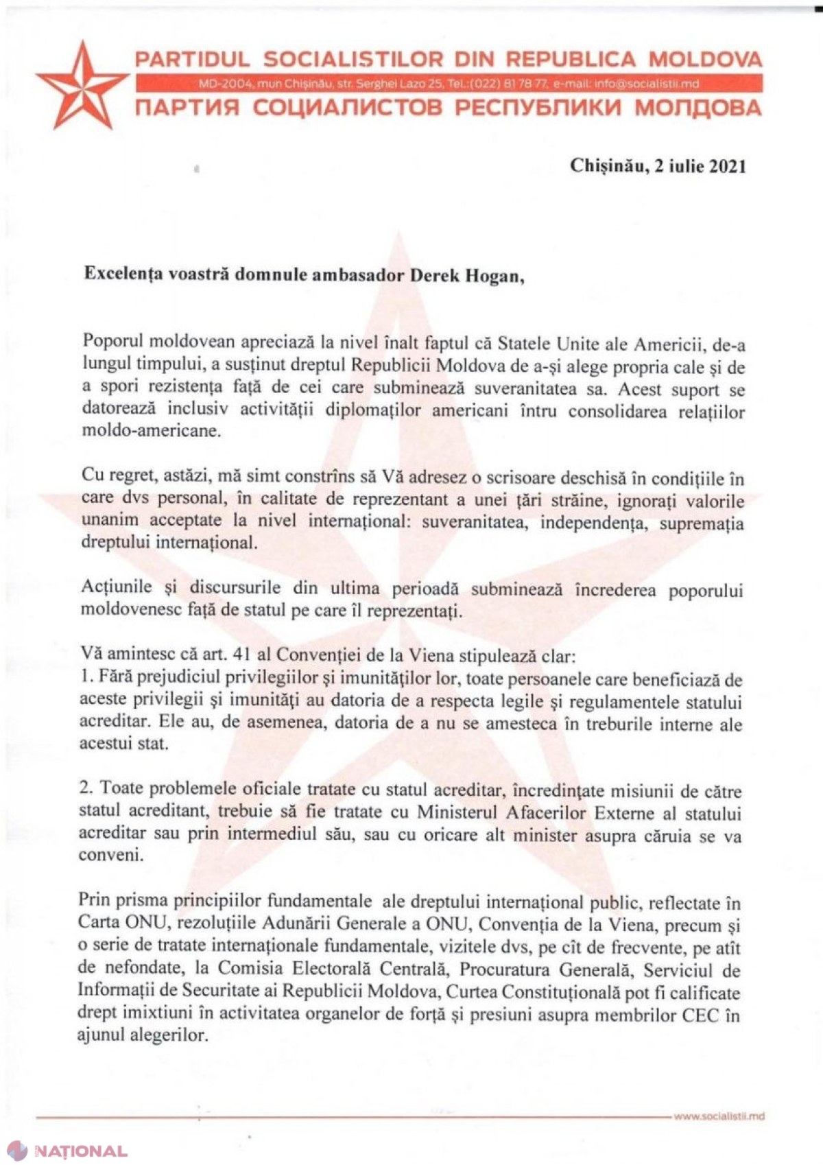 DOC // Dodon se crede și acum PREȘEDINTELE R. Moldova. Socialistul îl ACUZĂ pe diplomatul american de „NERESPECTAREA suveranității și independenței R. Moldova”