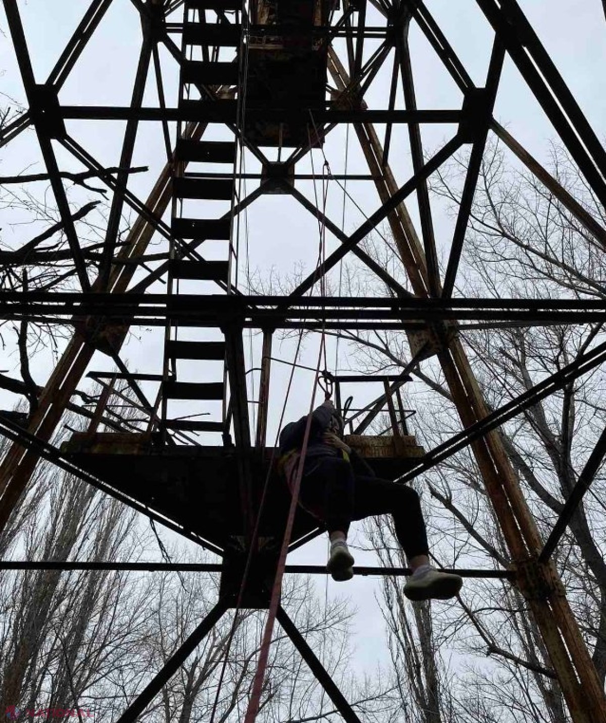 VIDEO // Chișinău: Ca să se protejeze de o haită de câini, un bărbat a urcat pe un pilon electric. A avut nevoie de salvatori pentru a coborî