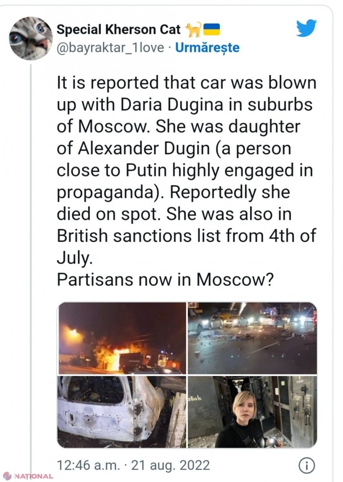 FOTO // Mașina în care se afla fiica lui Aleksandr Dughin, ideologul lui Putin, a sărit în aer la Moscova: Presa apropiată Kremlinului scrie despre detonarea unei bombe