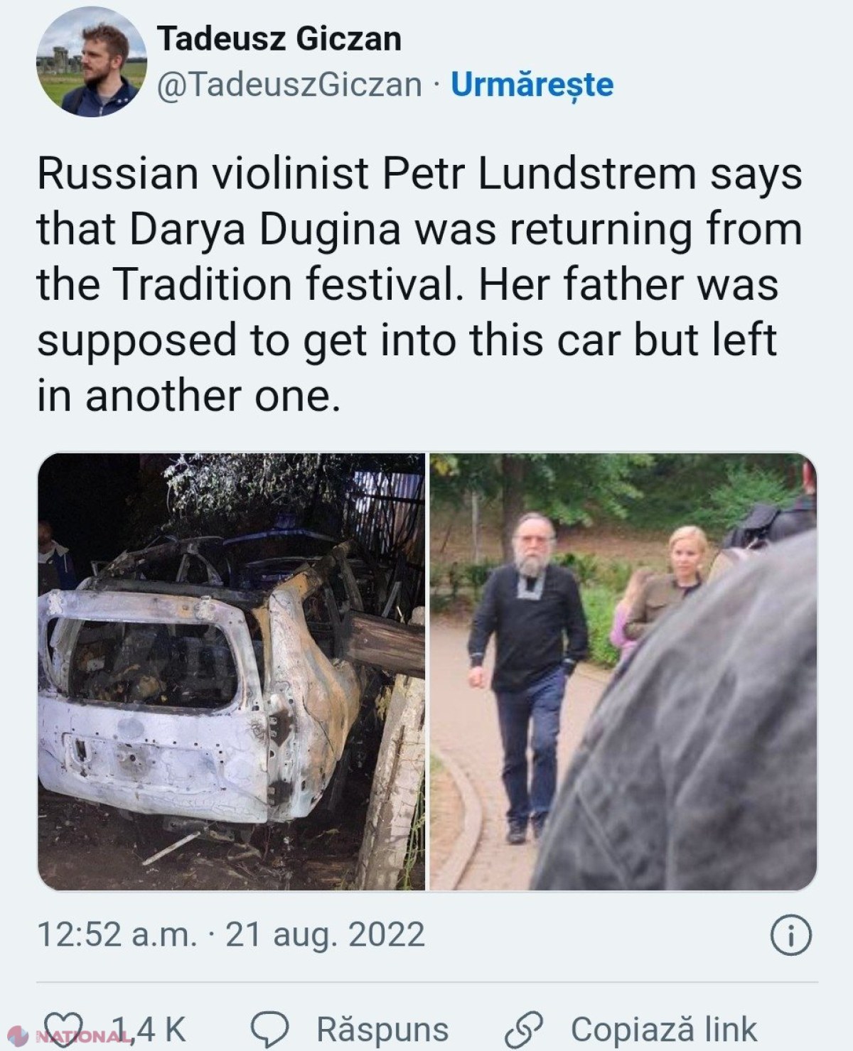 FOTO // Mașina în care se afla fiica lui Aleksandr Dughin, ideologul lui Putin, a sărit în aer la Moscova: Presa apropiată Kremlinului scrie despre detonarea unei bombe