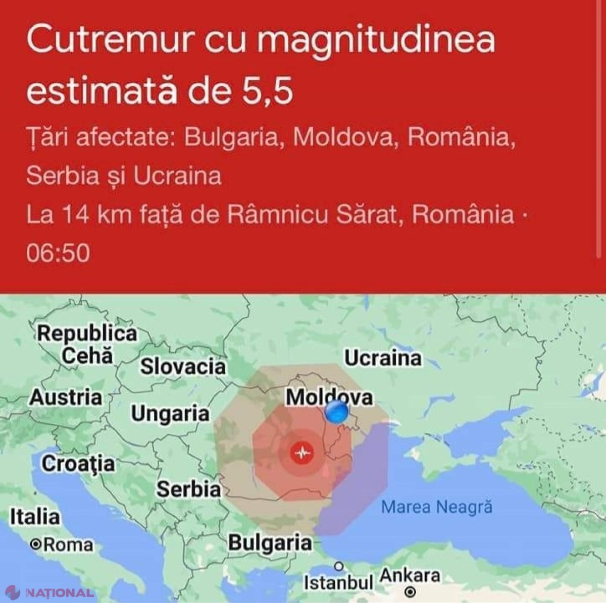 CUTREMUR produs în România, resimțit şi în R. Moldova: Magnitudine de 5,5 grade pe Richter