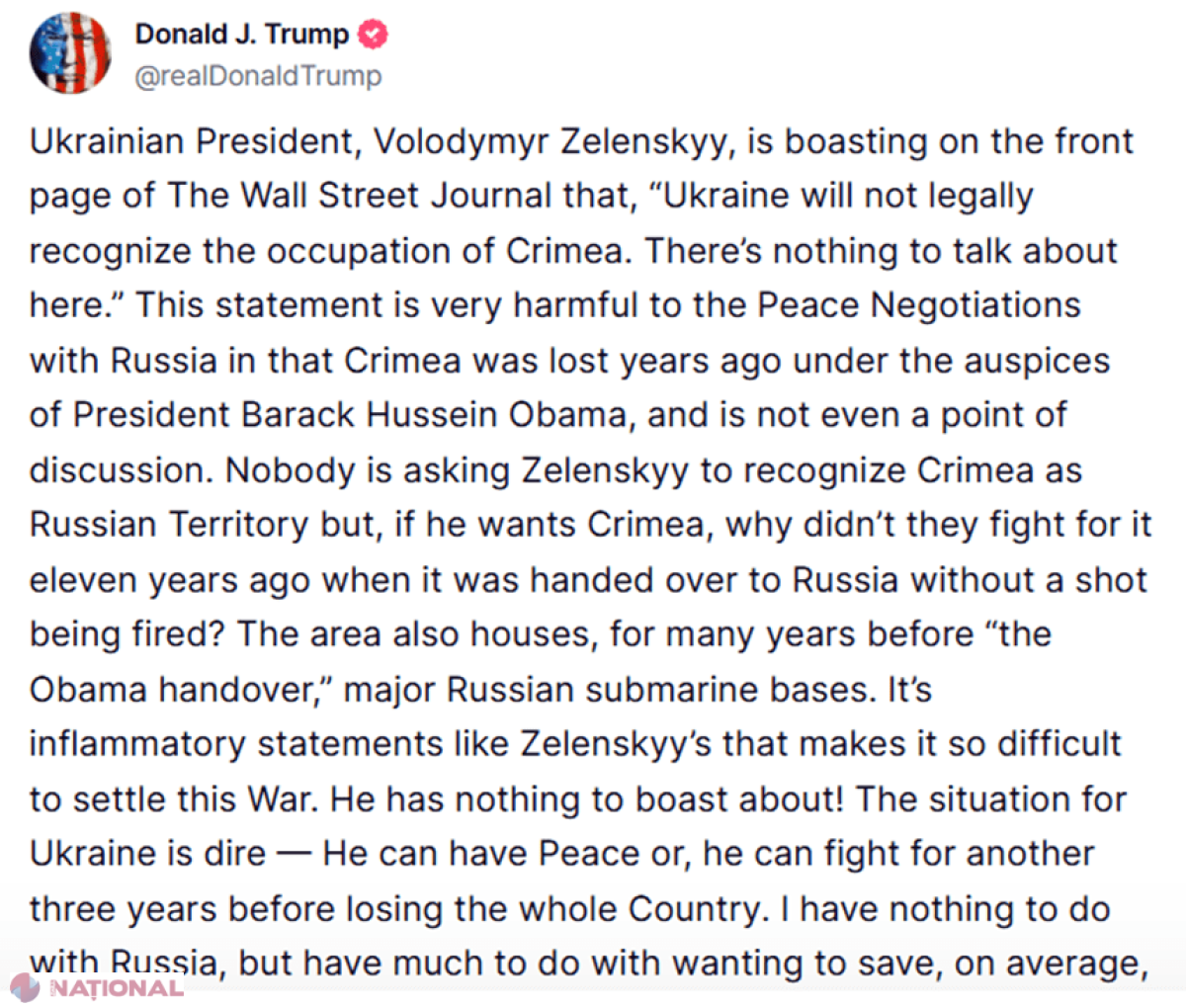 Trump critică vehement declarațiile lui Zelenski despre Crimeea și pacea cu Rusia