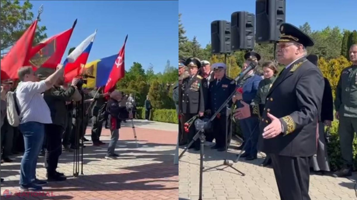 Imnul Rusiei și drapele sovietice la ceremonie din Șerpeni, sub privirile autorităților moldovenești