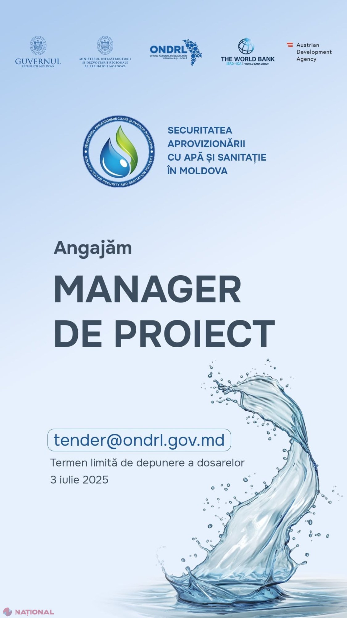Concurs lansat pentru poziția de manager al proiectului de securitate a apei și sanitației în Moldova, susținut de Banca Mondială