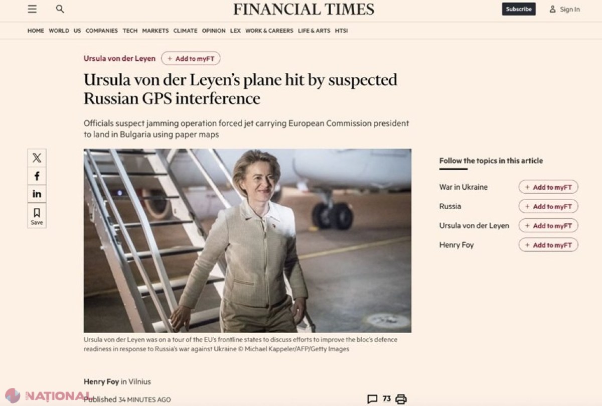 Incident de navigație pentru avionul Ursulei von der Leyen în Bulgaria: aterizare forțată pe fondul unui bruiaj GPS suspectat a proveni din Rusia