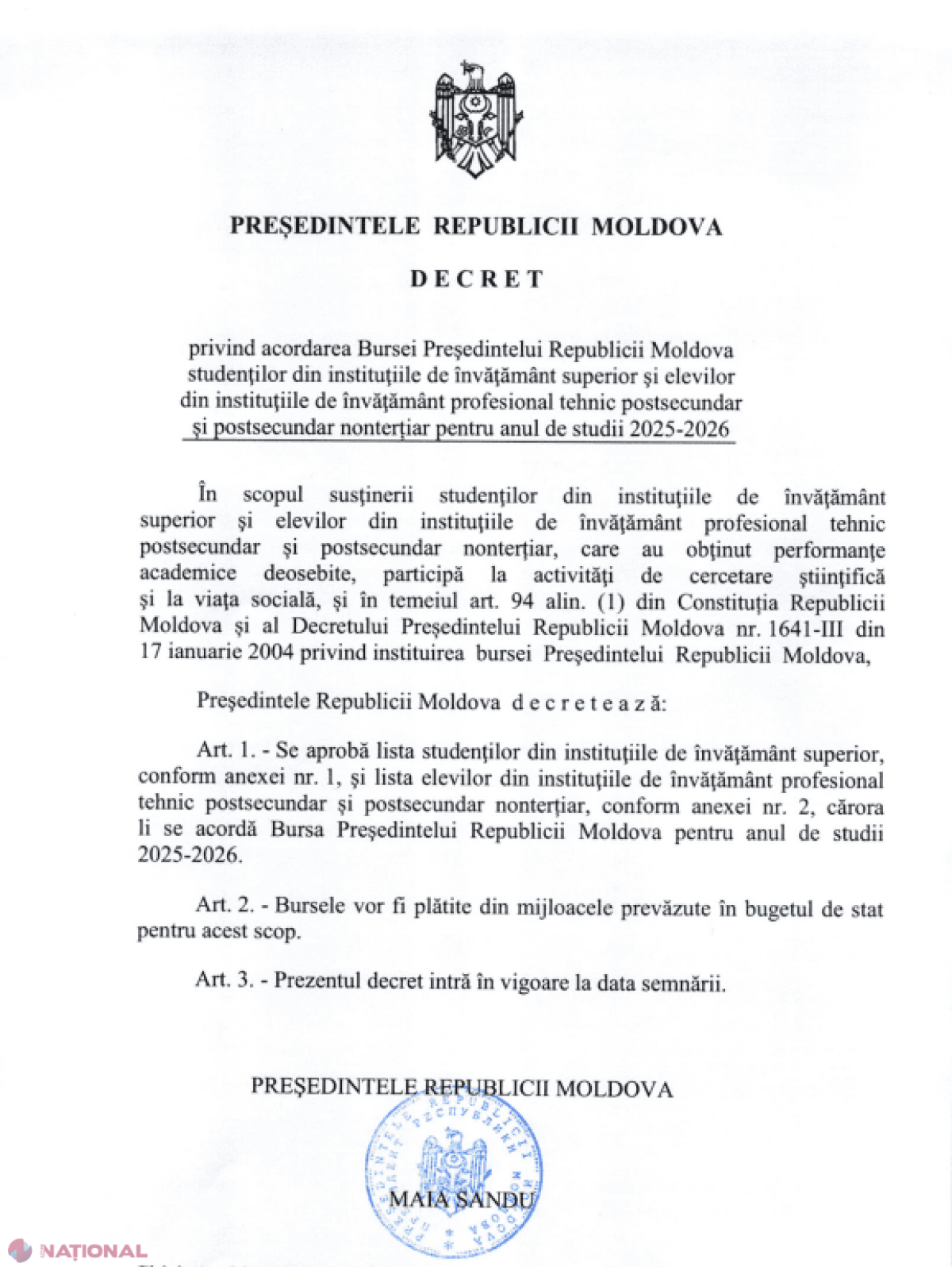 15 tineri excepționali din Moldova, recompensați cu Bursa Prezidențială de către Maia Sandu
