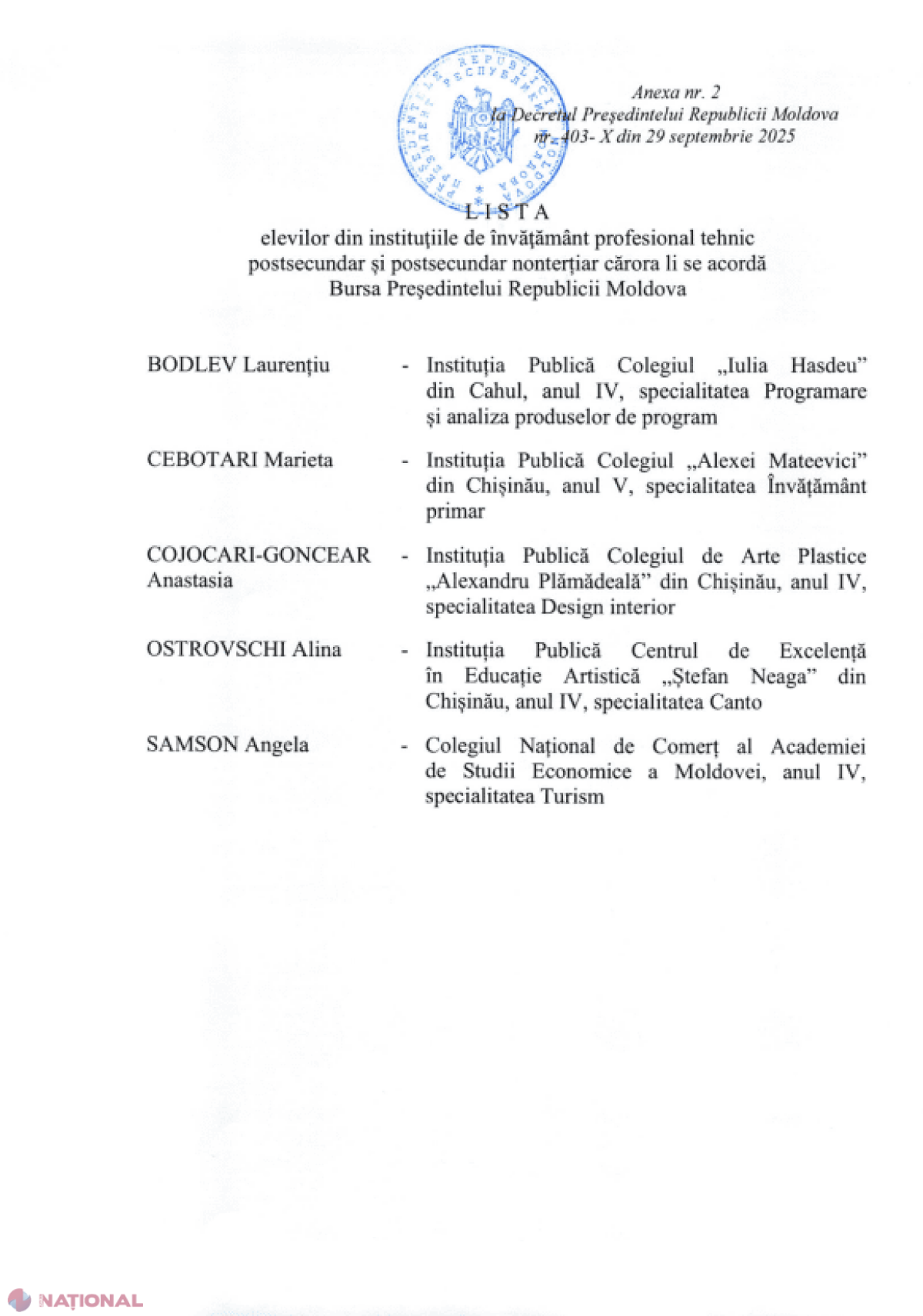 15 tineri excepționali din Moldova, recompensați cu Bursa Prezidențială de către Maia Sandu