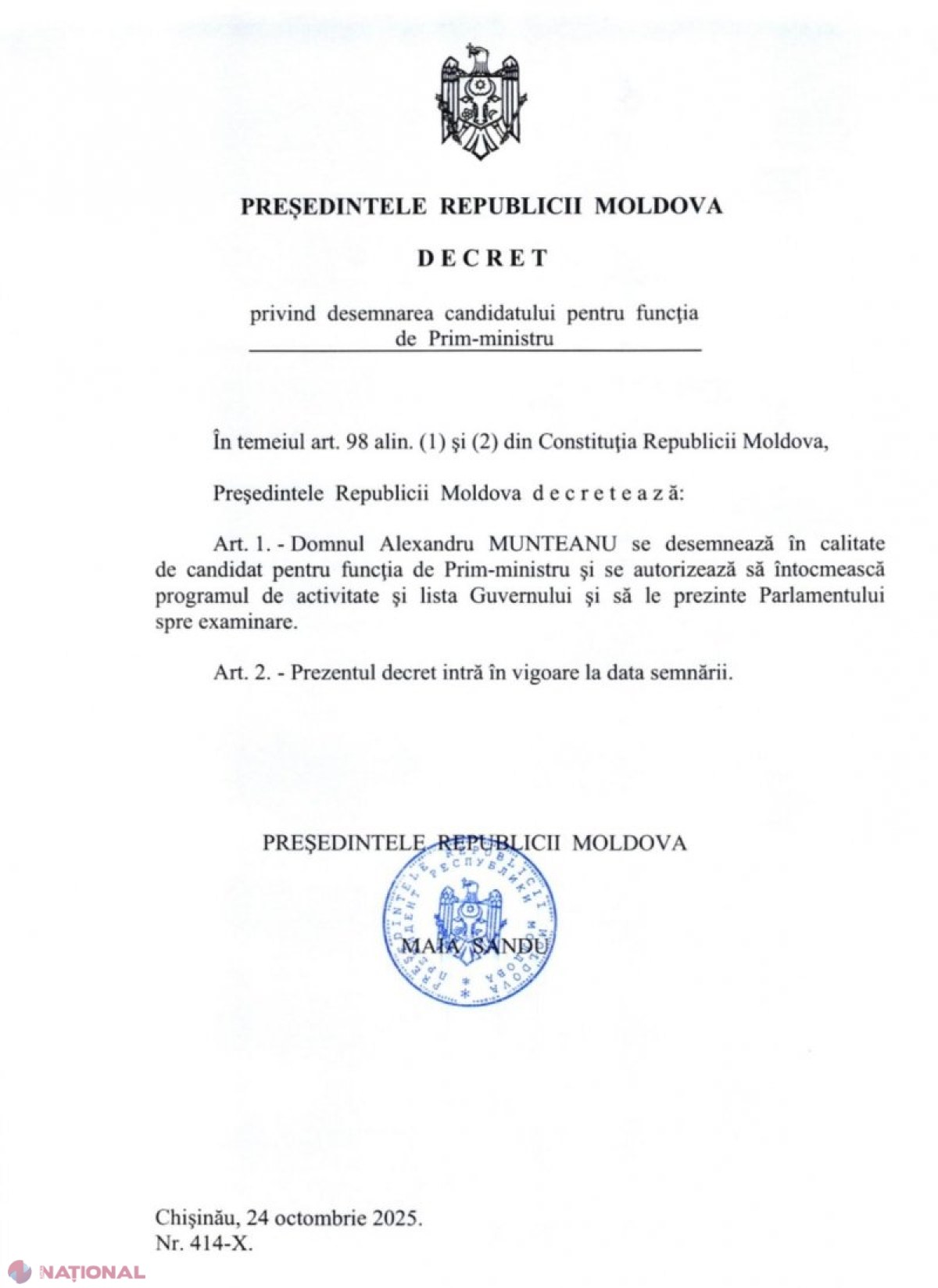 Maia Sandu îl desemnează pe Alexandru Munteanu pentru funcția de Prim-ministru al Republicii Moldova
