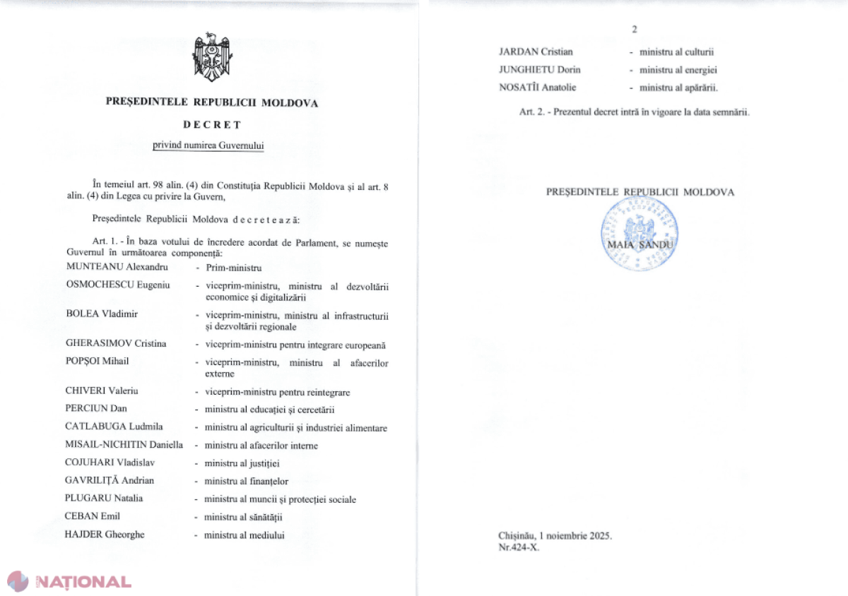 Guvernul Munteanu preia conducerea: Decretul de numire publicat oficial de Președinție