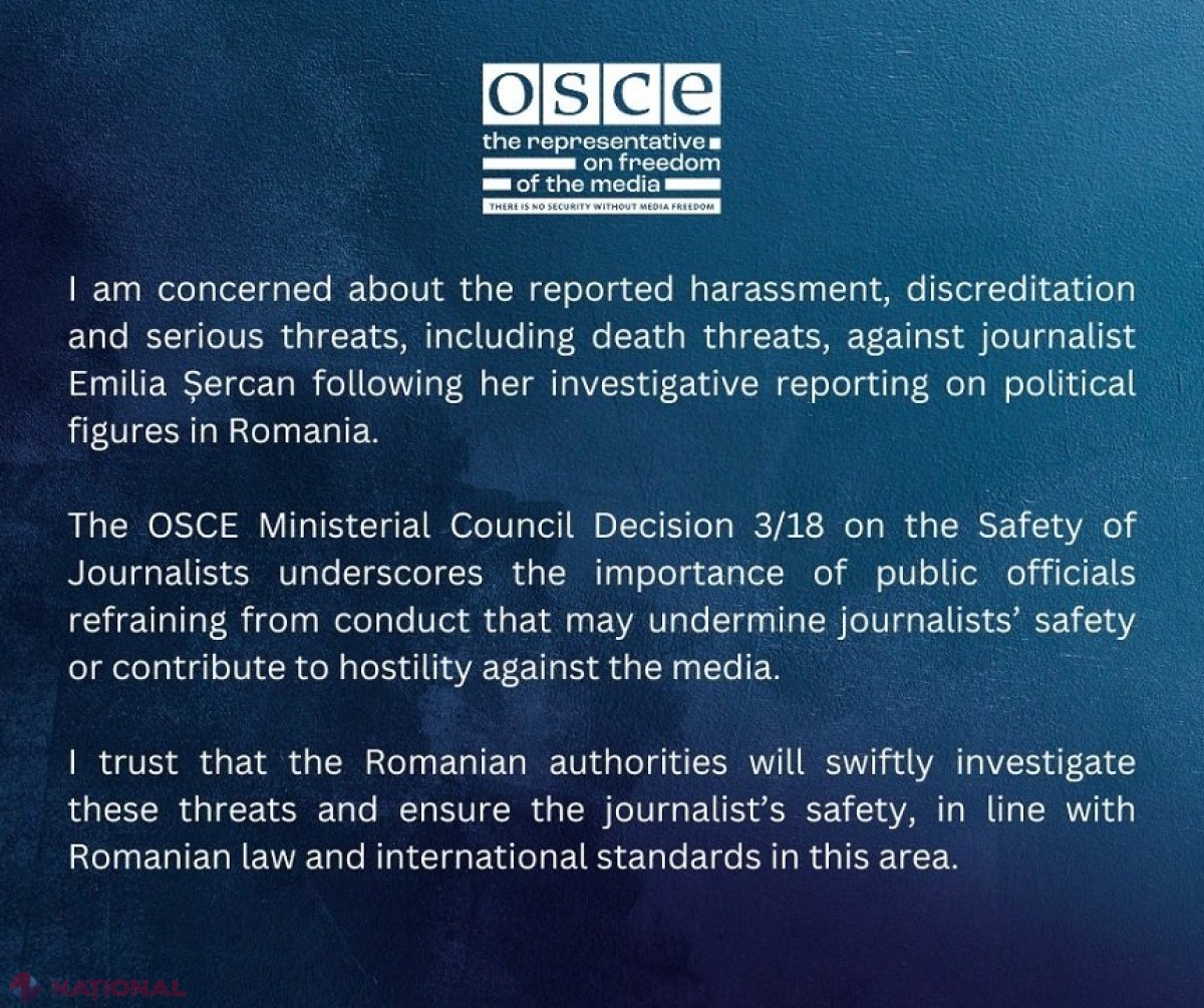 OSCE cere autorităților române să oprească hărțuirea și amenințările cu moartea la adresa Emiliei Șercan