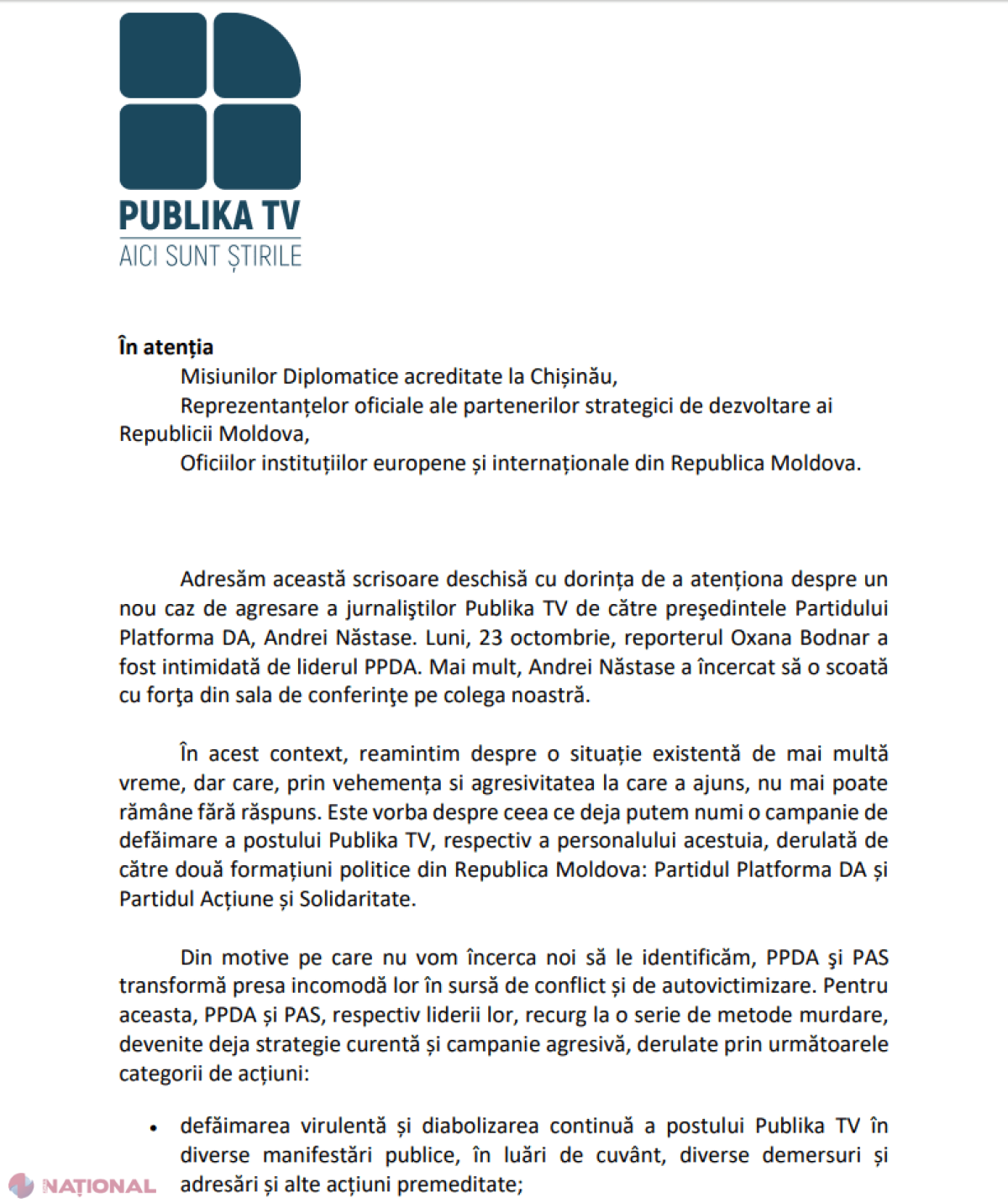 (DOC) Jurnaliștii de la Publika TV au sesizat MISIUNILE DIPLOMATICE cu privire la „comportamentul agresiv al lui Andrei Năstase” față de angajații postului TV