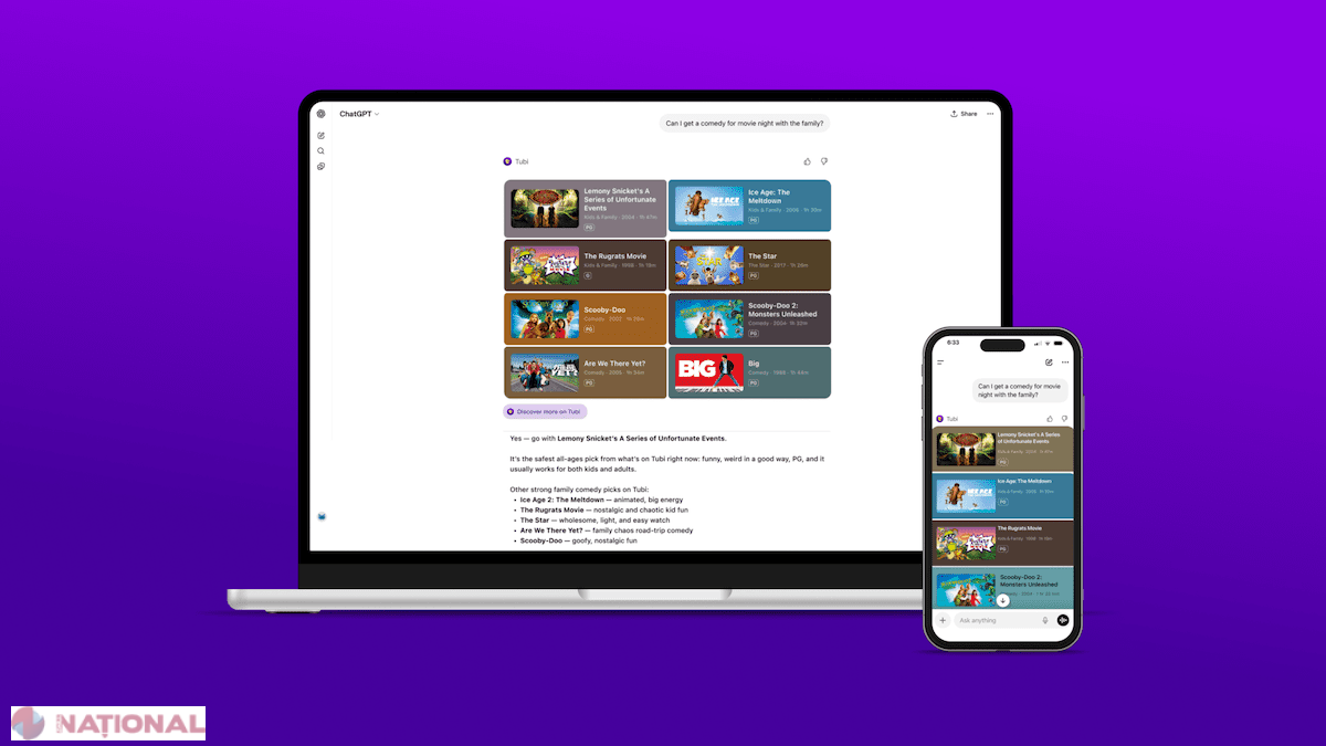 Tubi lansează prima aplicație de streaming nativă în ChatGPT, pentru recomandări personalizate de filme și seriale