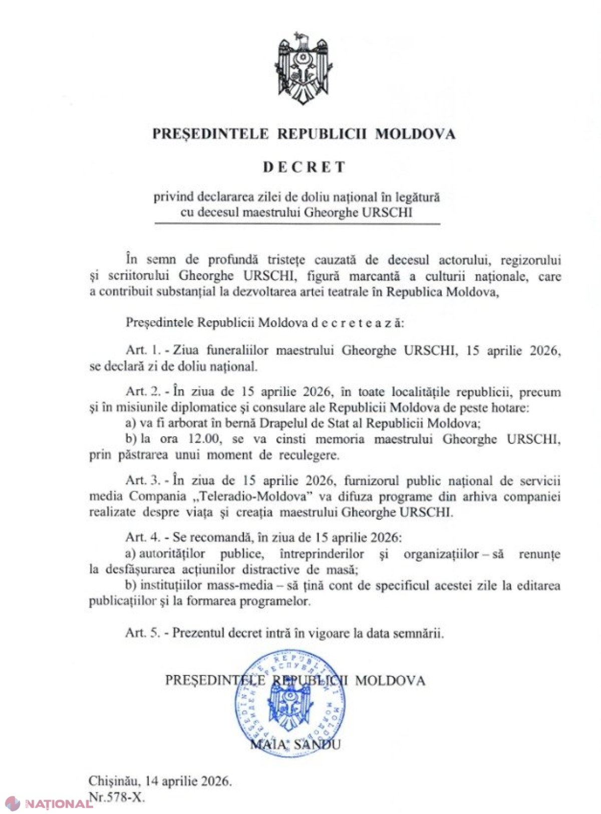 15 aprilie 2026, zi de doliu național în memoria maestrului Gheorghe Urschi