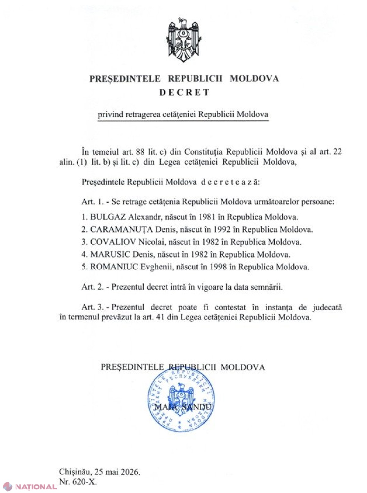 Maia Sandu retrage cetățenia pentru cinci ofițeri MGB subordonați Federației Ruse