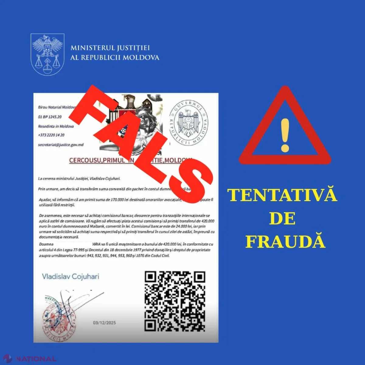 Escrocherie în numele Ministerului Justiției: cetățenii, avertizați să nu ofere bani și date personale