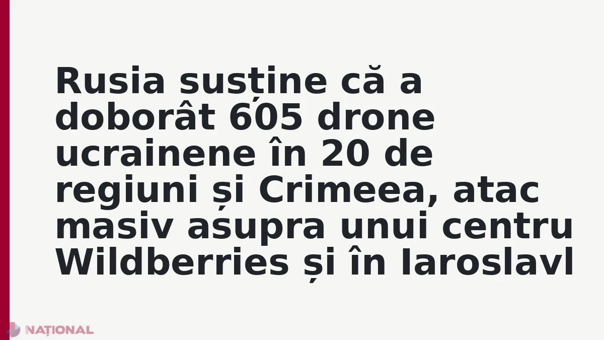 Rusia susține că a doborât 605 drone ucrainene în 20 de regiuni și Crimeea, atac masiv asupra unui centru Wildberries și în Iaroslavl