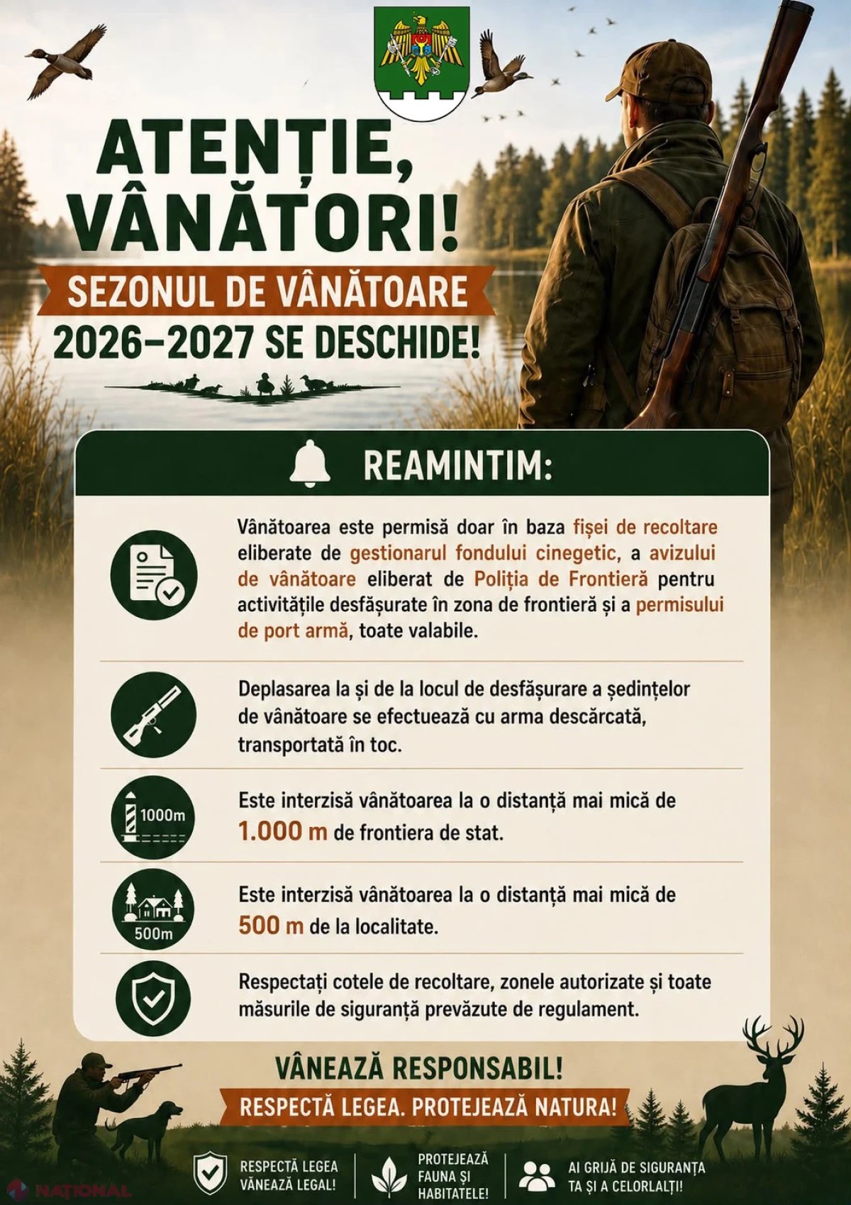 Sezonul de vânătoare 2026-2027 începe pe 15 august: regulile stricte anunțate de Poliția de Frontieră