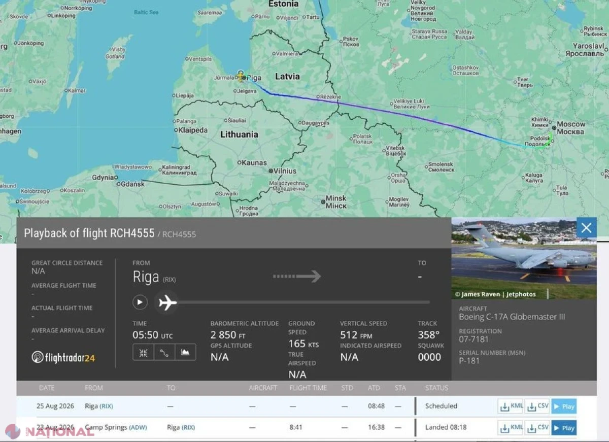Zbor misterios al unui avion militar american spre Moscova din Letonia, negată de Kremlin și neconfirmată de Flightradar24