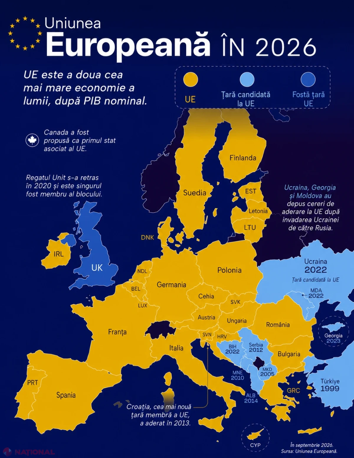 Harta Uniunii Europene în 2026: 27 de state membre, Moldova printre țările candidate și un posibil nou statut pentru Canada