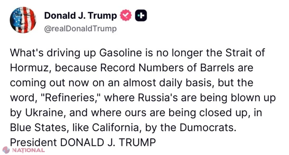 Trump pune scumpirea carburanților pe seama atacurilor Ucrainei asupra Rusiei și exclude războiul din Iran