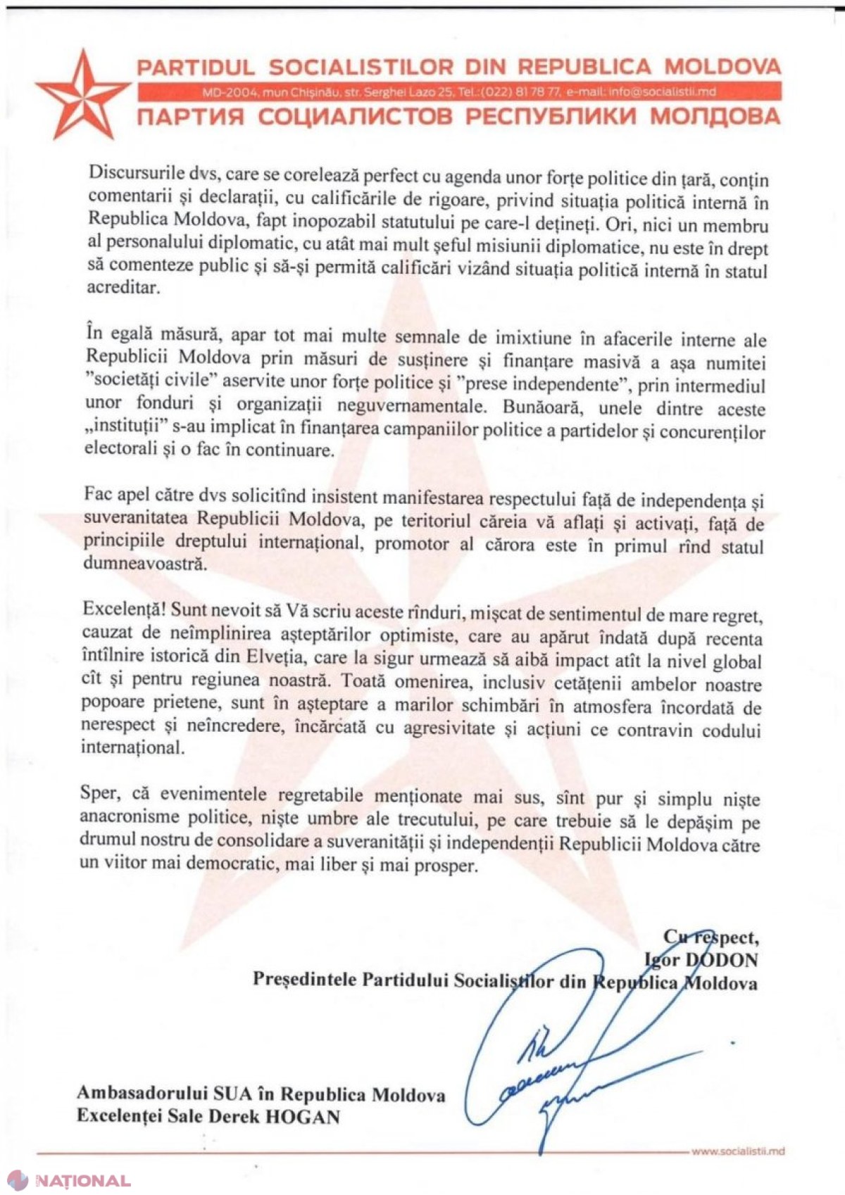 DOC // Dodon se crede și acum PREȘEDINTELE R. Moldova. Socialistul îl ACUZĂ pe diplomatul american de „NERESPECTAREA suveranității și independenței R. Moldova”