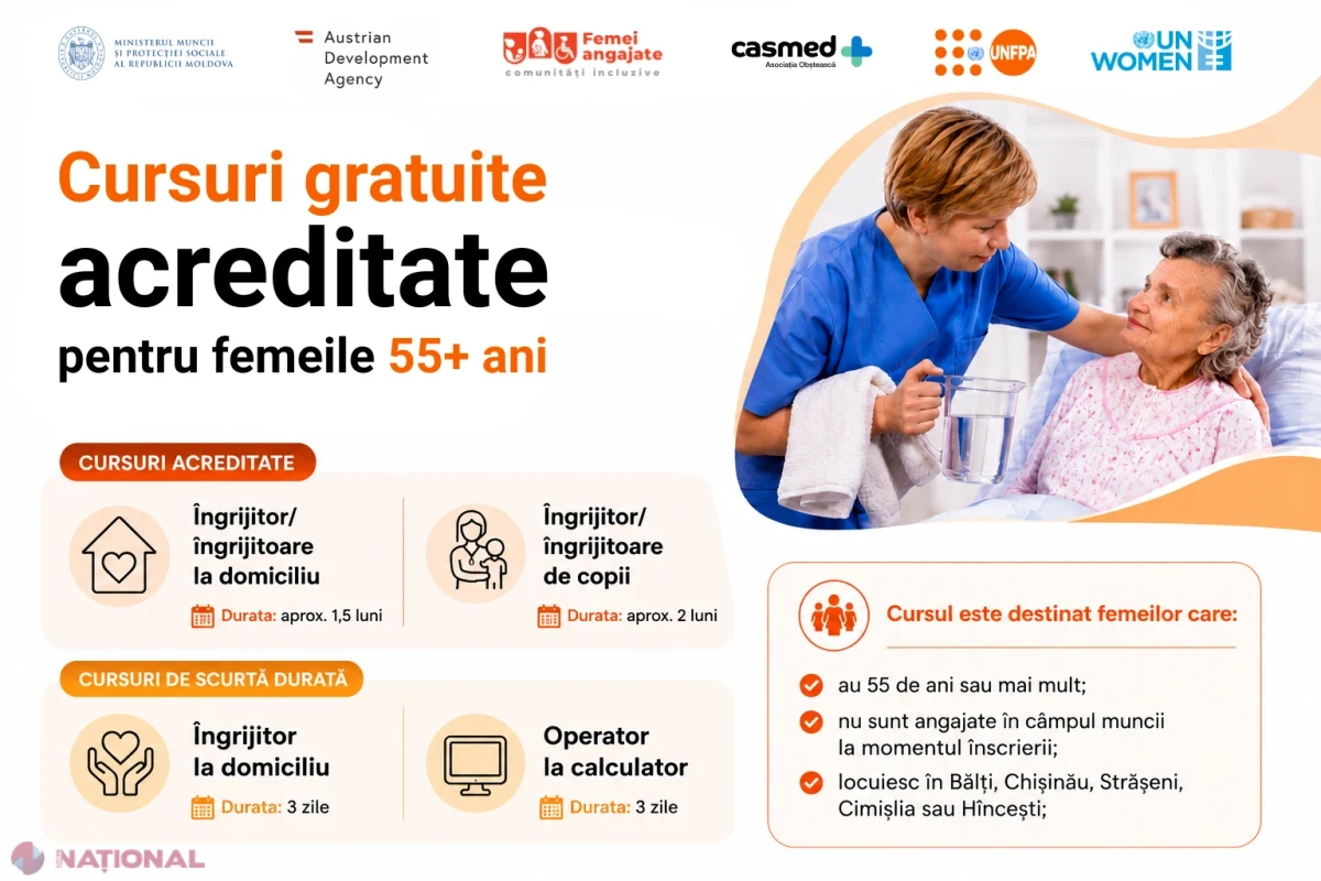 GRATUIT pentru femeile 55+: Înscrie-te la cursurile de calificare profesională oferite de AO „CASMED”!