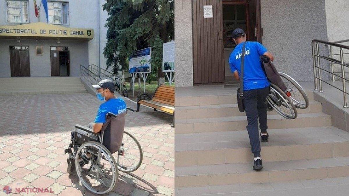 „Minune” la Cahul: Un tânăr s-a sculat din scaunul cu rotile și a ridicat scările de la Inspectoratul de Poliție vioi, cu acesta subțioară