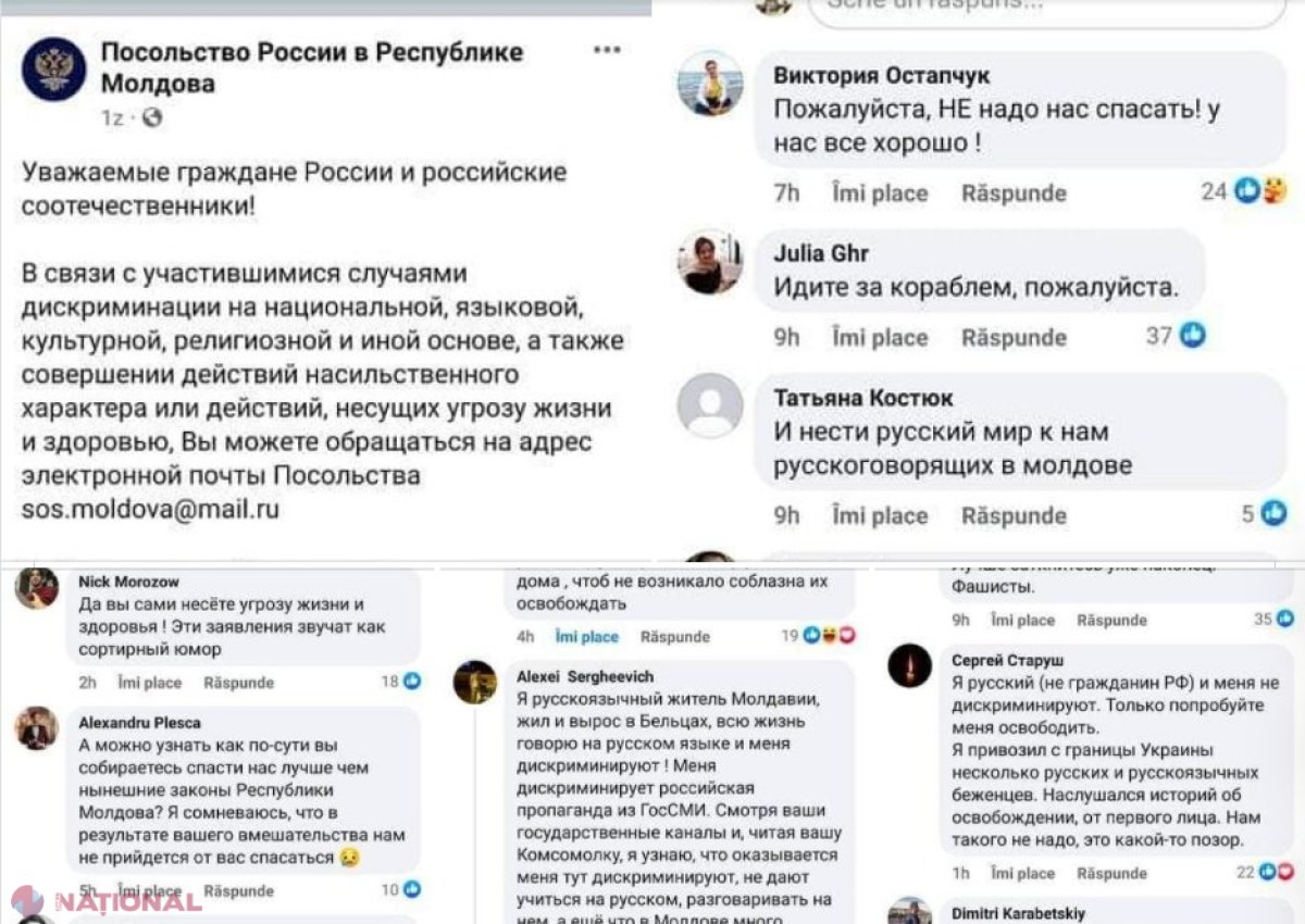 Postarea SCANDALOASĂ a Ambasadei Federației Ruse în R. Moldova a avut efect de BUMERANG. Rușii și vorbitorii de limbă rusă NU vor să fie „salvați” de Putin: „R. Moldova este cel mai PRIETENOS stat. Rușii sunt cei care DISCRIMINEAZĂ moldovenii”