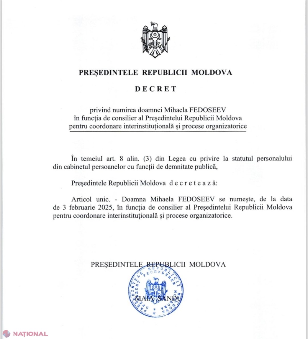 DOC // Președinta Maia Sandu are un nou consilier, responsabil pentru coordonare interinstituțională și procese organizatorice