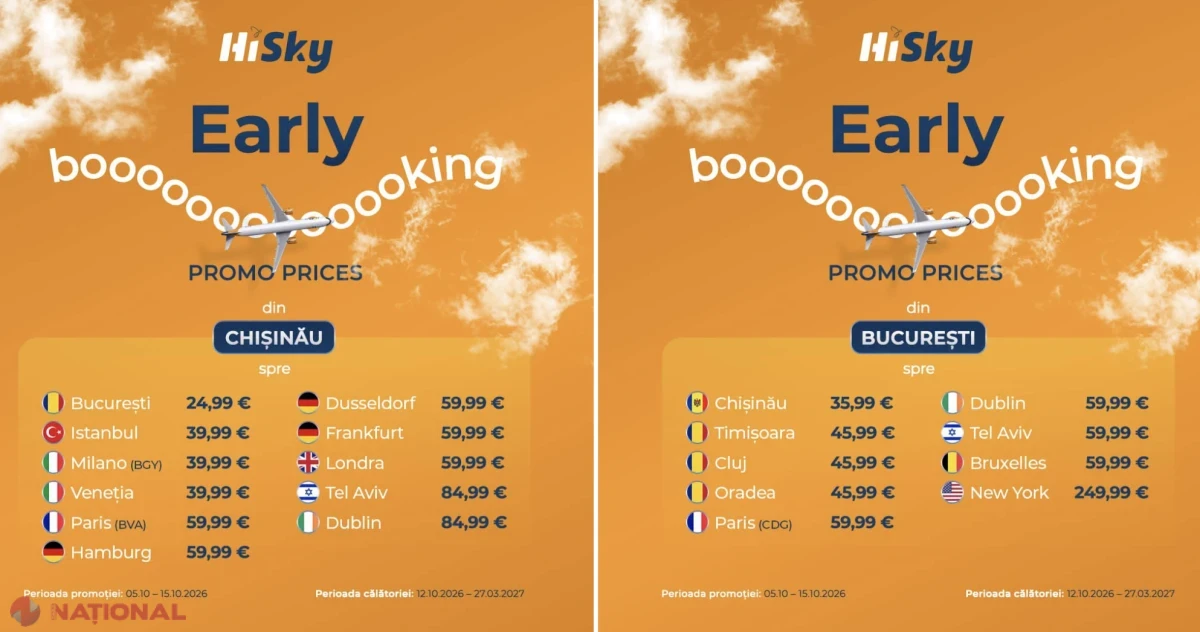 OFERTE // Zboruri mai IEFTINE spre Europa și SUA: Promotii de iarnă la HiSky cu bilete începând de la 24,99 euro