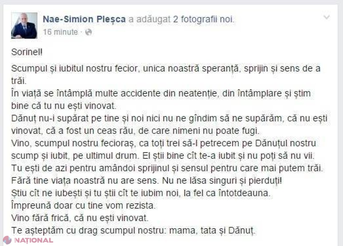 Mesaj EMOȚIONANT al deputatului Nae-Simion Pleșca pentru feciorul său FUGAR: „Unica noastră speranță, vino fără frică”
