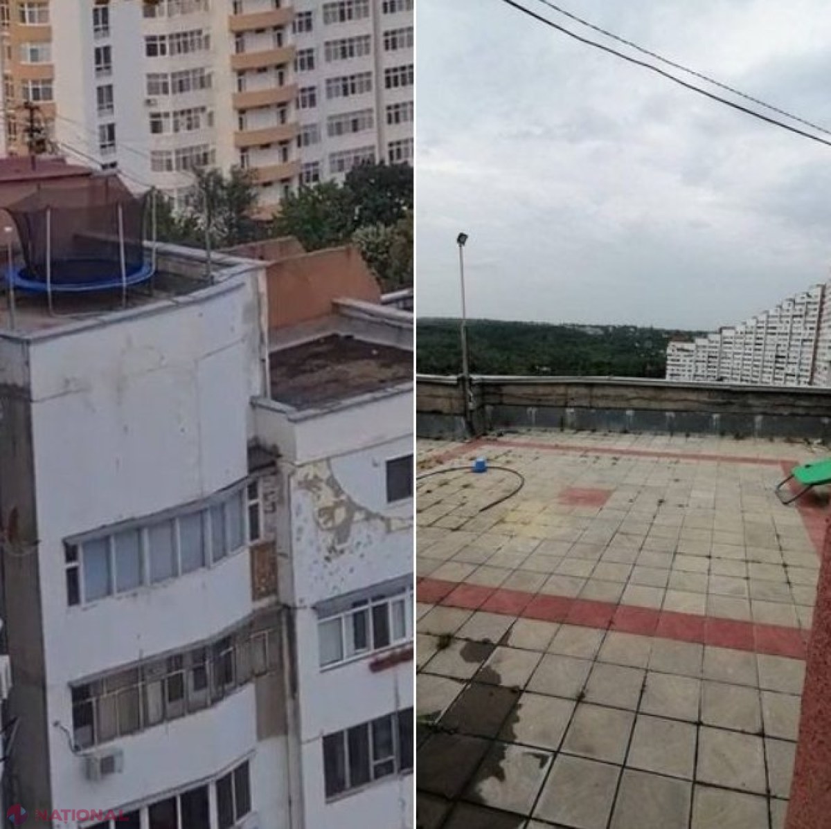 FOTO // INCONȘTIENȚĂ la „porțile orașului” din Chișinău: Trambulină pentru copii, instalată pe acoperișul de la etajul 17. Oamenii legii au prevenit o eventuală tragedie