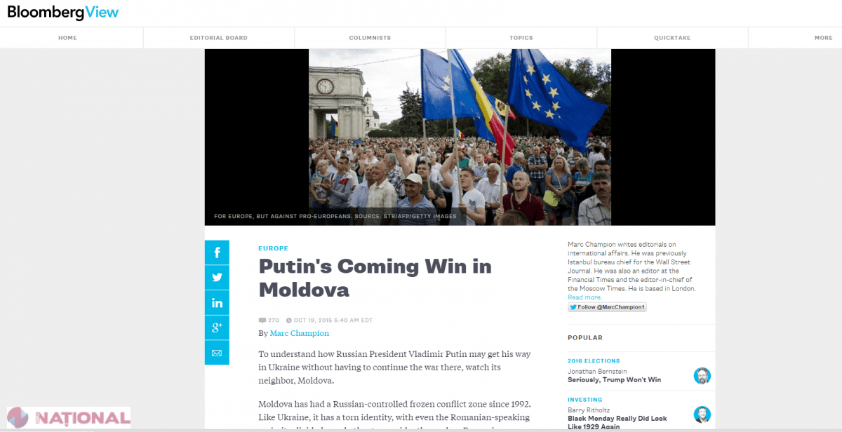 Bloomberg: „Ceea ce se întâmplă în R. Moldova este în interesul Rusiei”