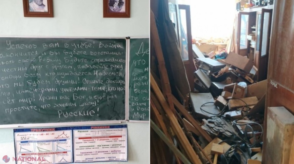 FOTO // După ce le-au BOMBARDAT școala, soldații ruși au scris cu creta pe tablă un mesaj pentru copiii ucraineni