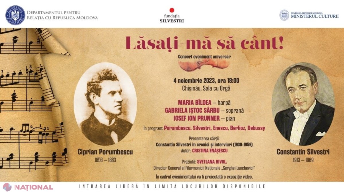 ​„Lăsați-mă să cânt!”, eveniment ANIVERSAR dedicat lui Ciprian Porumbescu și Constantin Silvestri. Intrarea la concertul găzduit de Sala cu Orgă din Chișinău este LIBERĂ