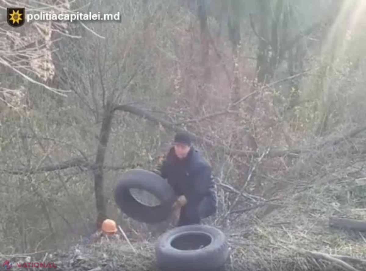 VIDEO // Bărbatul prins că a aruncat mai multe cauciucuri uzate într-un parc din sectorul Buiucani, AMENDAT și obligat să muncească în folosul comunității